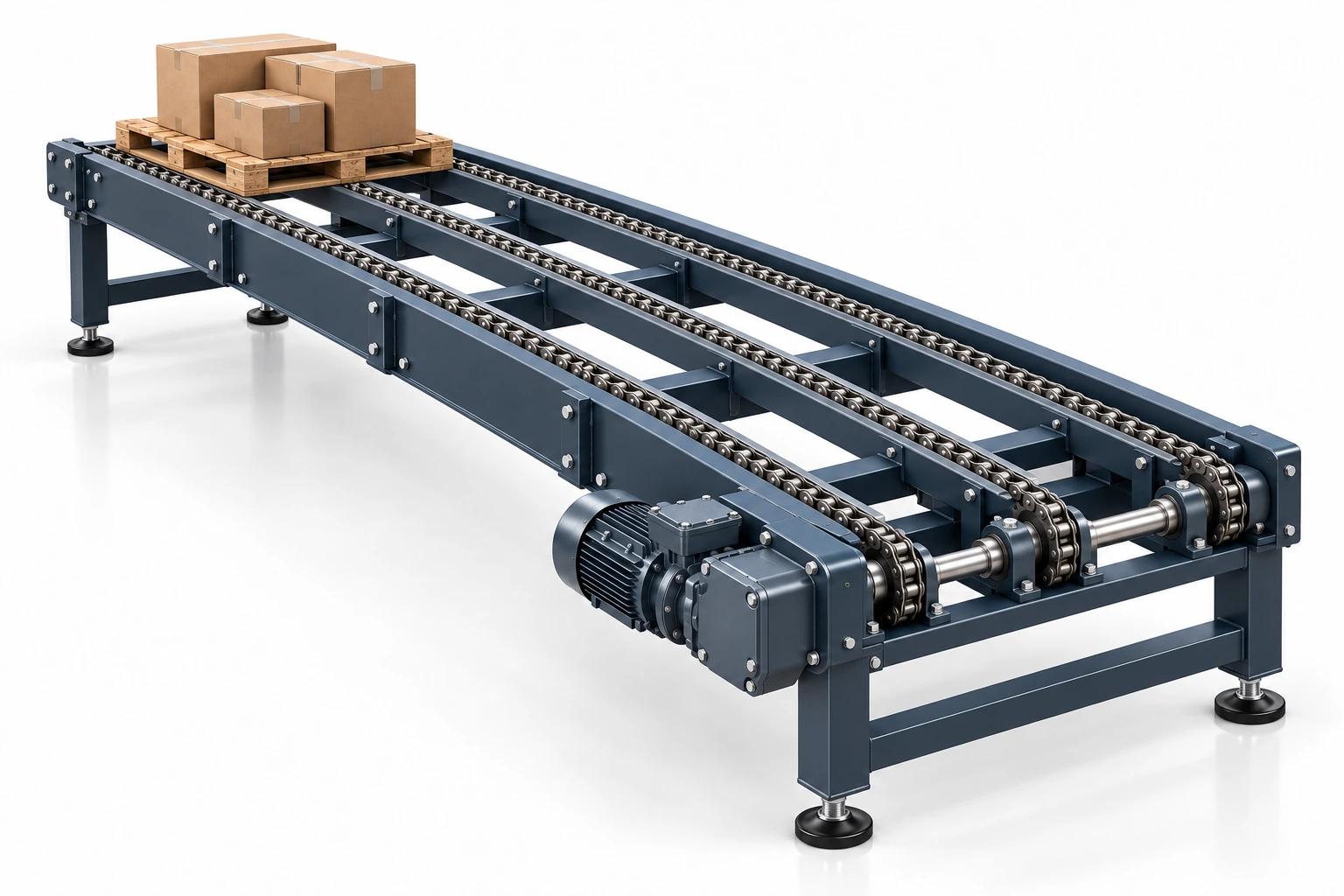 Transportador de cadenas para palets: líneas de cadena paralelas, bastidor, apoyos fijos y motorreductor. Un palet con tres cajas deja visible la superficie de transporte.