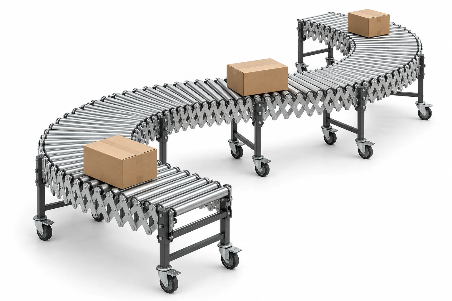 Vista conceptual de un transportador flexible en S con tres cajas, rodillos y estructura articulada sobre ruedas