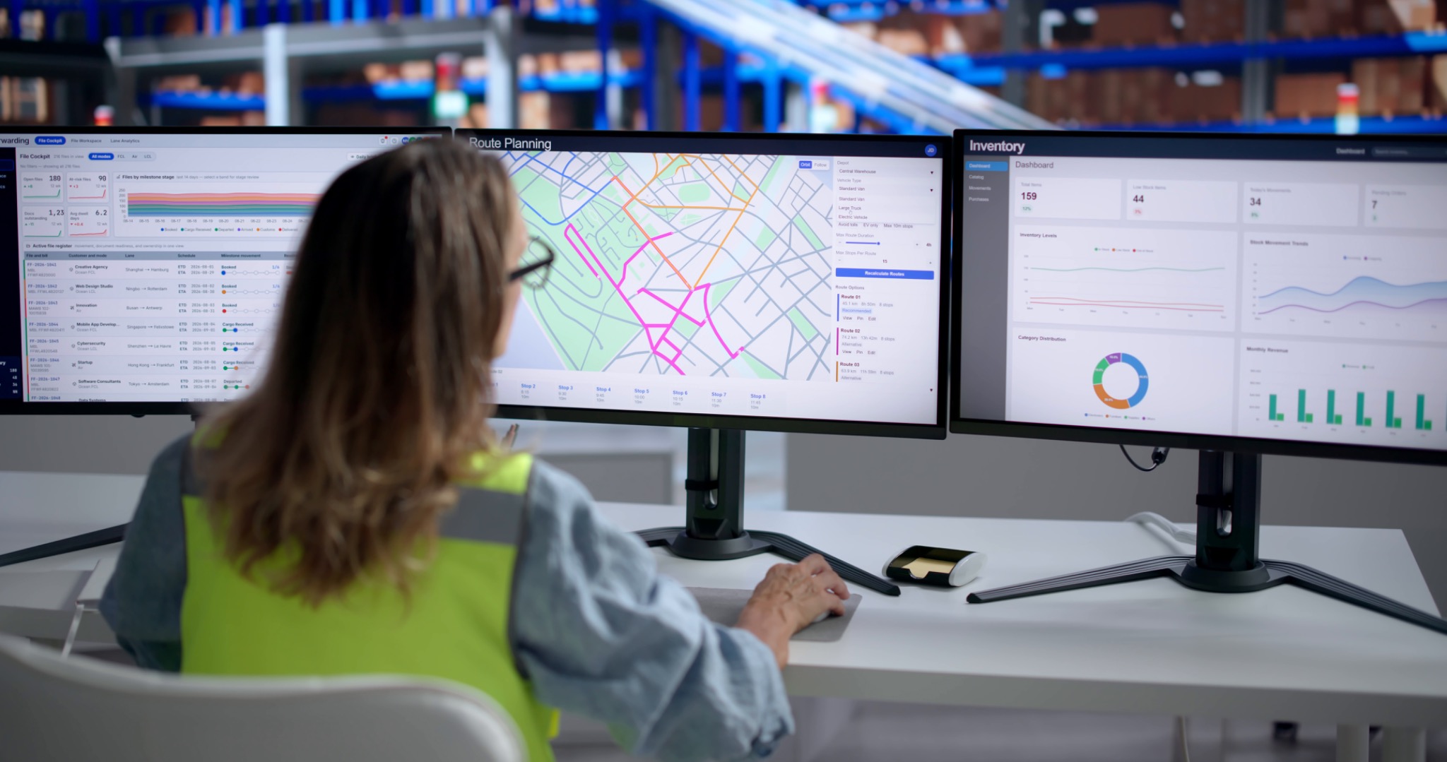 Profesional consultando interfaces de planificación y seguimiento en un puesto informático.